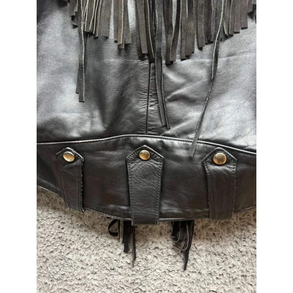 Vintage Suede Leather Fringe Collared‎ Full Zip Biker Jacket Black Mens Size 42